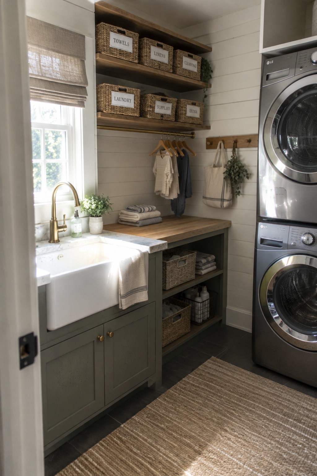 A laundry room with open shelves holding labeled woven baskets above a wood counter, a farmhouse sink, and stacked washer and dryer.