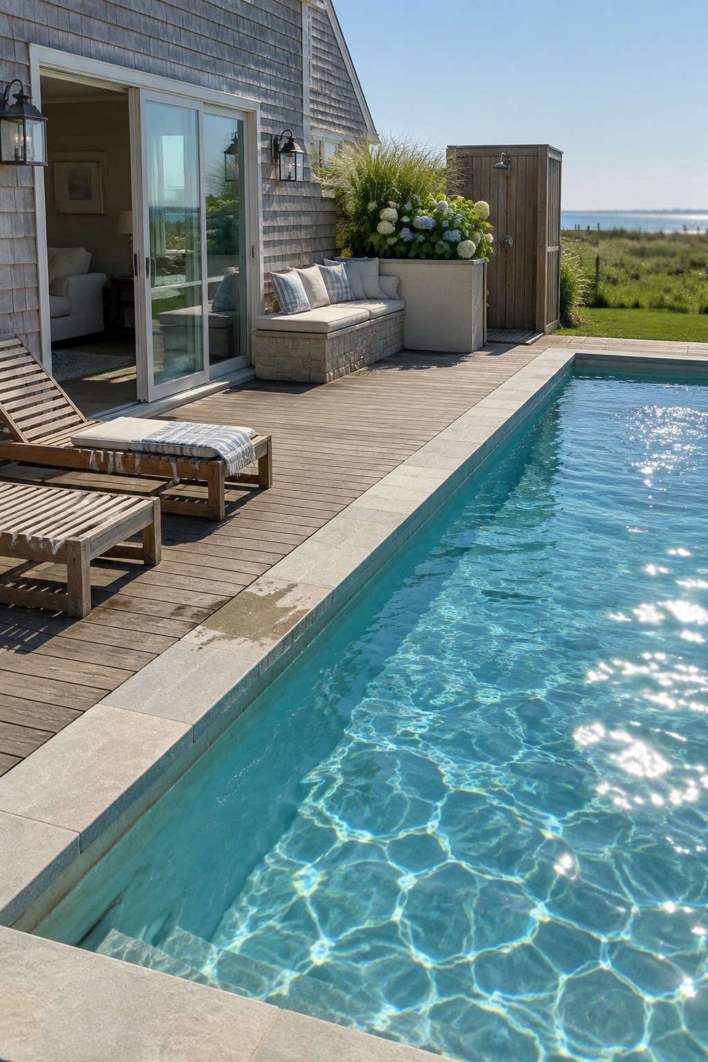 A stone bench with cushions sits on a wood deck beside a swimming pool and shingled house.