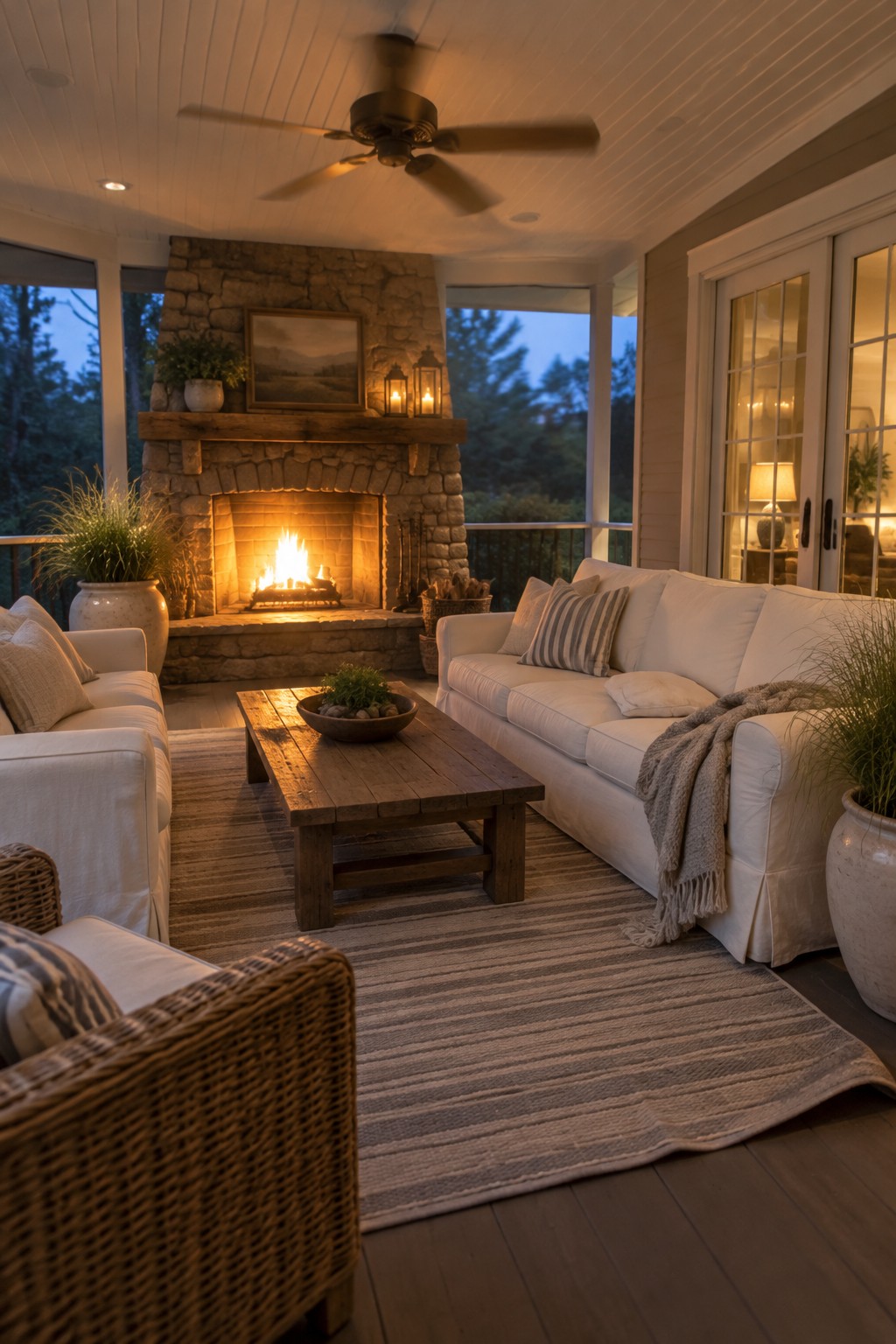 A screened porch with white sofas, a wooden coffee table, a stone fireplace, and a ceiling fan.
