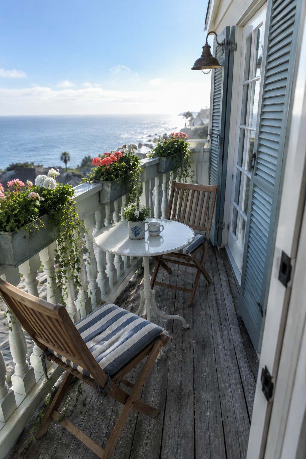 A narrow balcony with a round white table, folding wooden chairs, striped seat cushions, flower boxes, and a view of the ocean.
