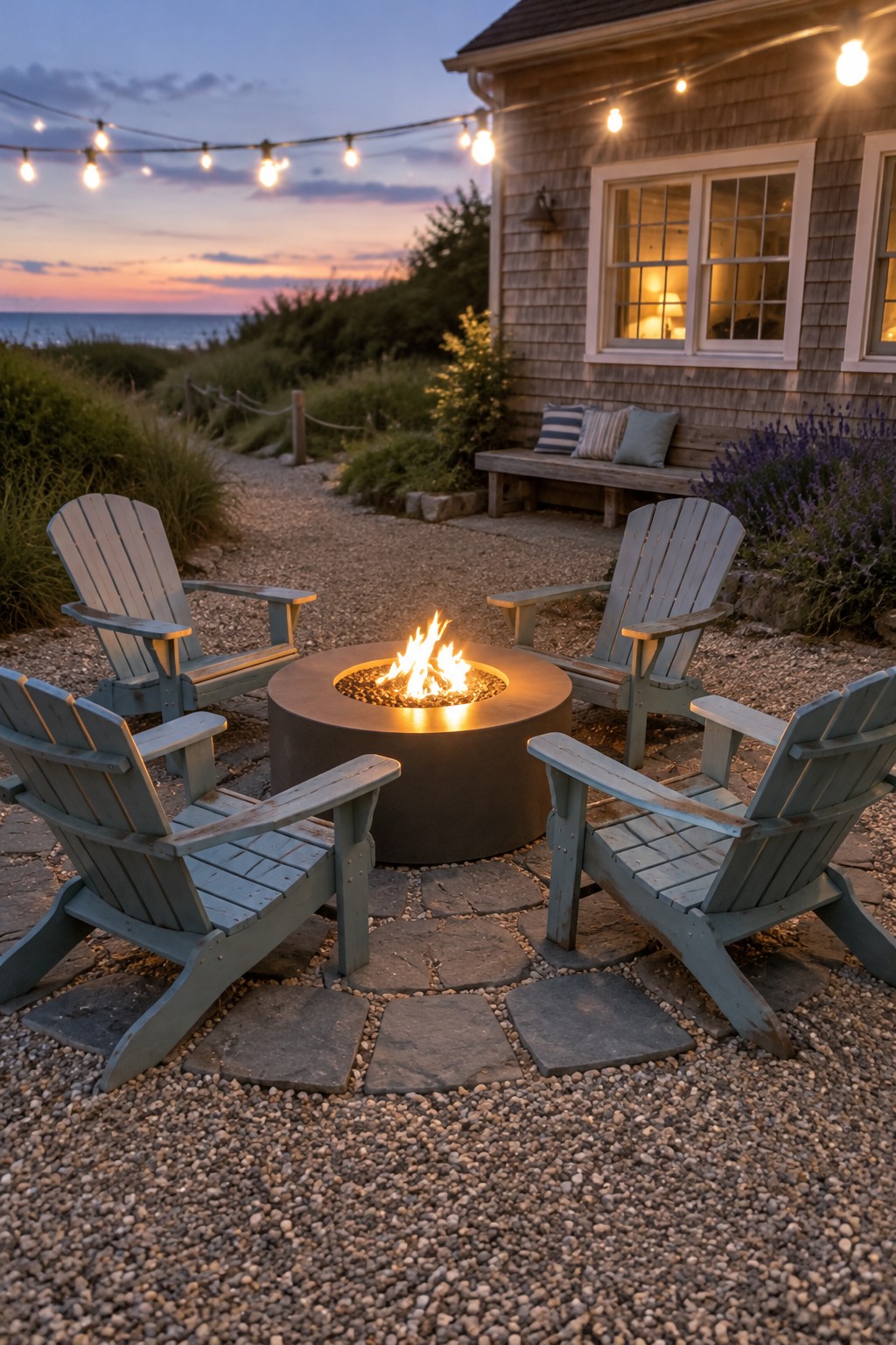 Six gray Adirondack chairs surround a round metal fire pit on a stone and gravel patio beside a shingled house.