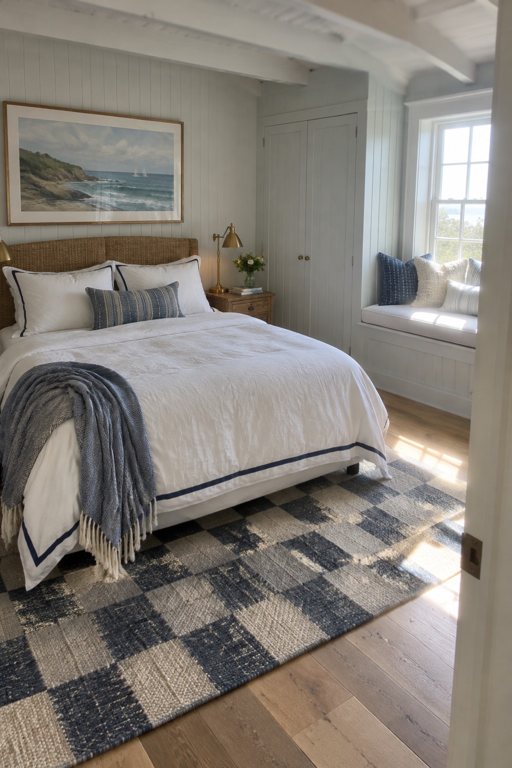 A bedroom with white bedding edged in navy, a blue striped pillow, a woven headboard, and a blue and cream checked rug.