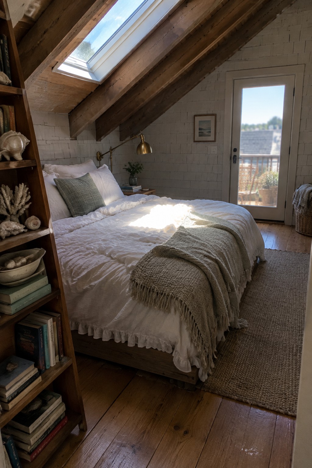 An attic bedroom with exposed wooden ceiling beams, a white bed, and a glass door to a balcony.