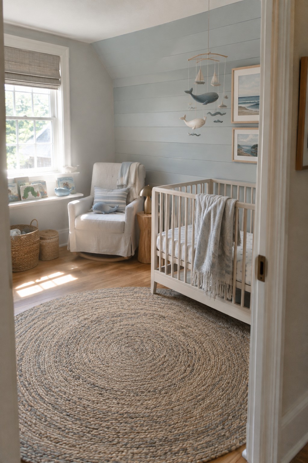 A nursery with pale blue horizontal wall boards, a white crib, and an upholstered chair.