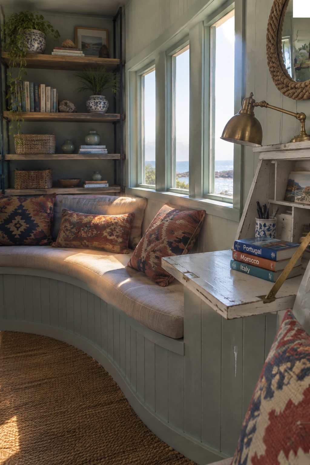 A curved built-in bench with patterned cushions sits beneath tall windows beside a small white desk.