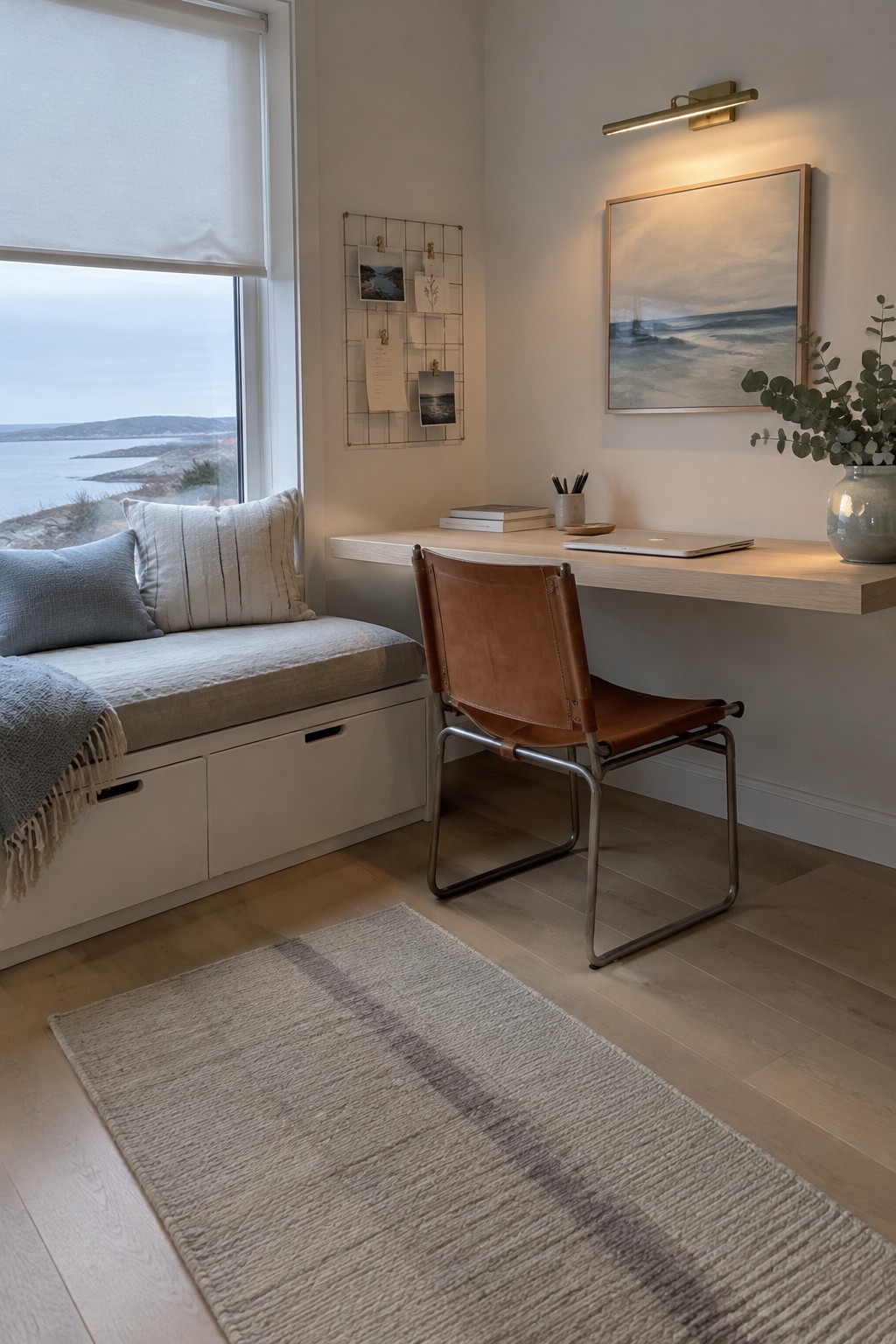 A compact home office with a built-in window seat, a wall-mounted desk, and a brown chair beside a large window.