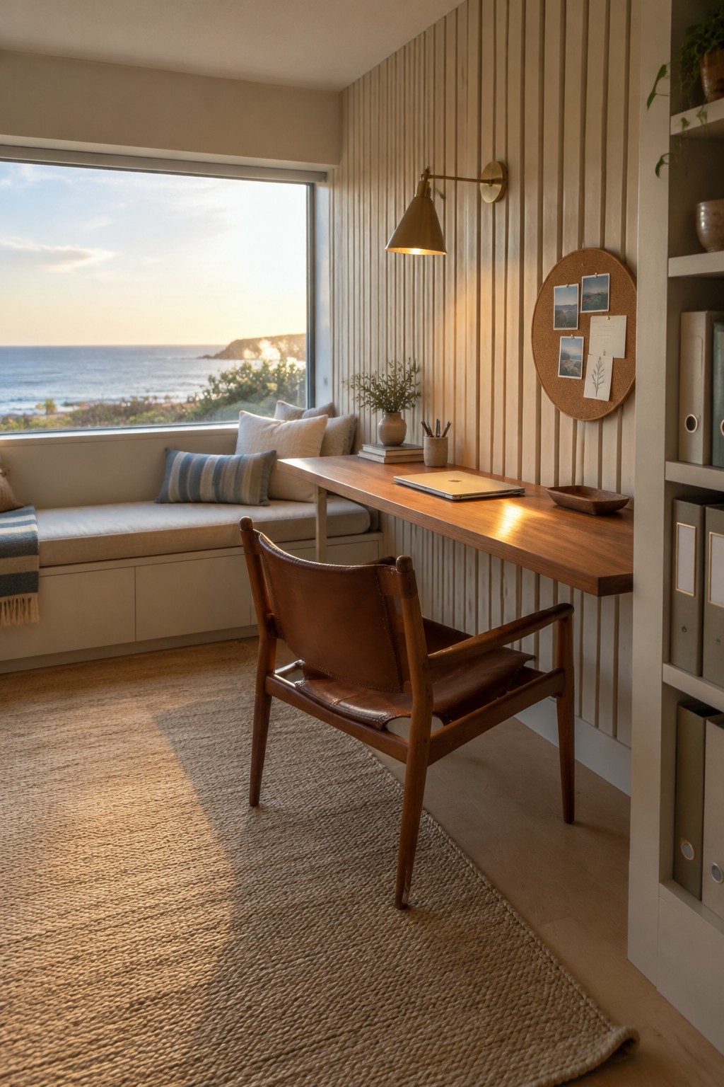 A narrow wooden desk and leather chair sit beside a built-in window seat in a coastal home office.