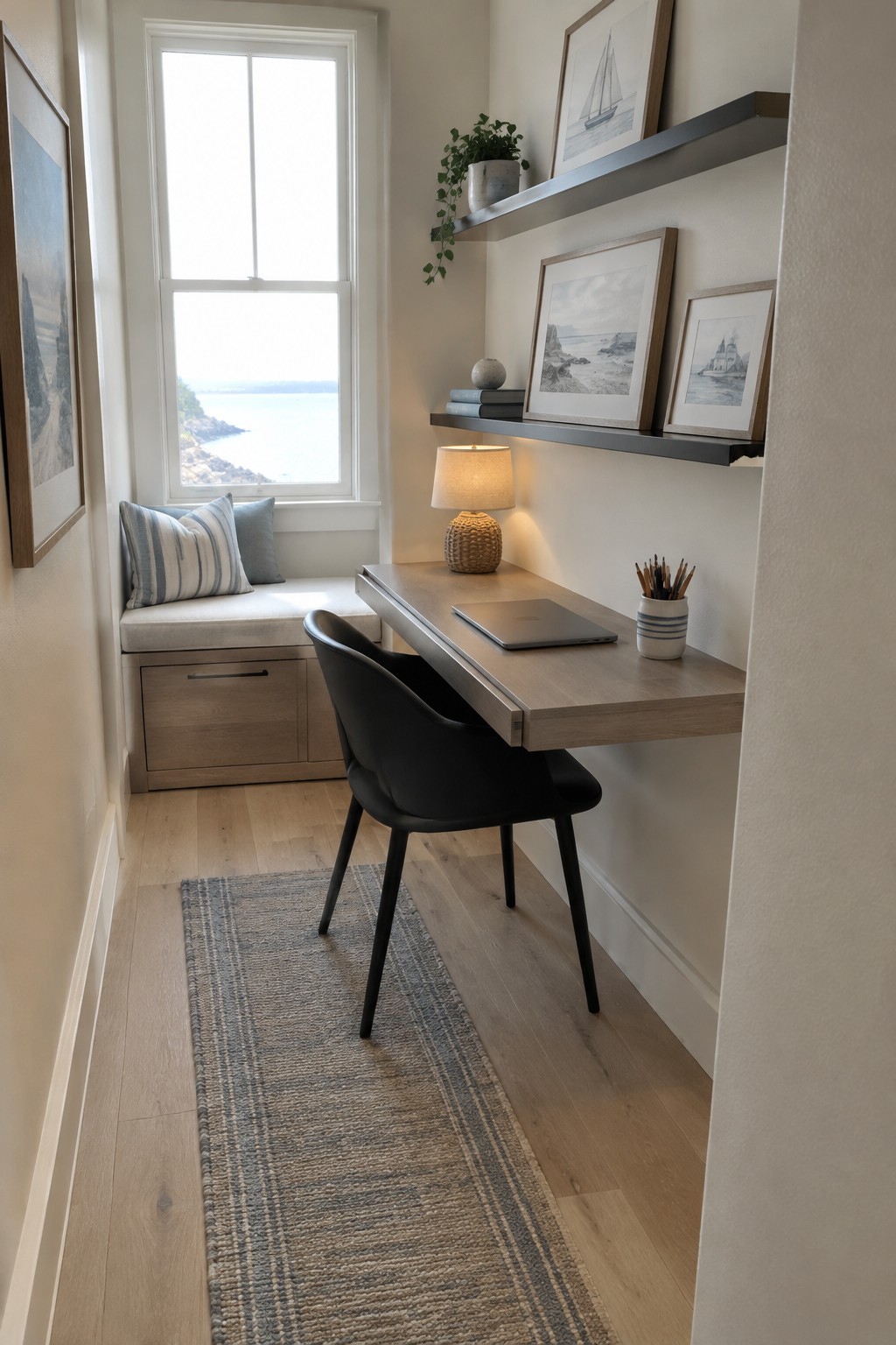 A narrow home office with a built-in cushioned window seat, a wall-mounted desk, and floating shelves.