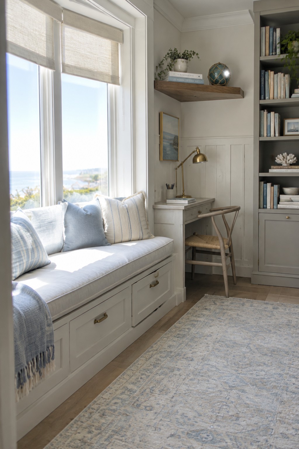 A built-in white window seat with drawers and blue cushions sits beside a small desk, chair, and bookcase.