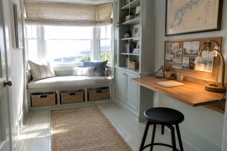 A coastal home office with a built-in window seat, storage baskets, a wall-mounted wooden desk, and a black stool.