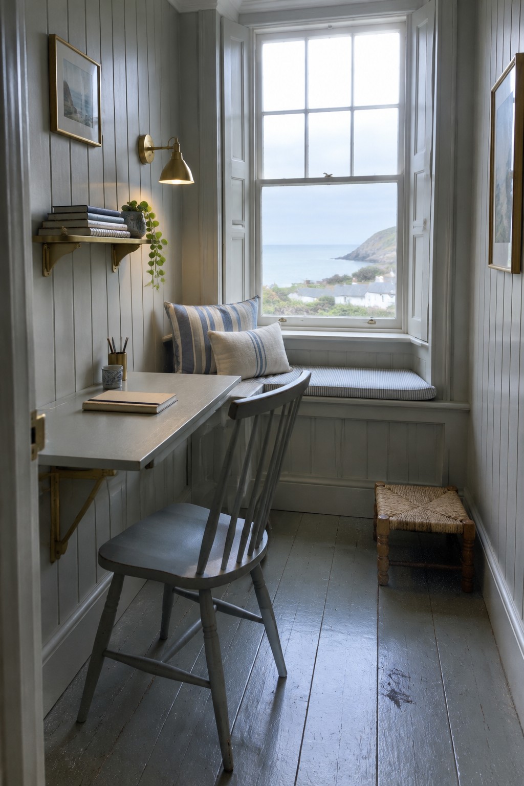 A narrow paneled home office with a wall-mounted desk, gray chair, and cushioned window seat overlooking the coast.