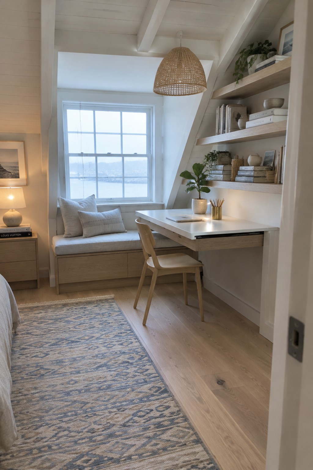 A small home office with a cushioned window seat, a compact desk, and shelves built into the sloped wall.