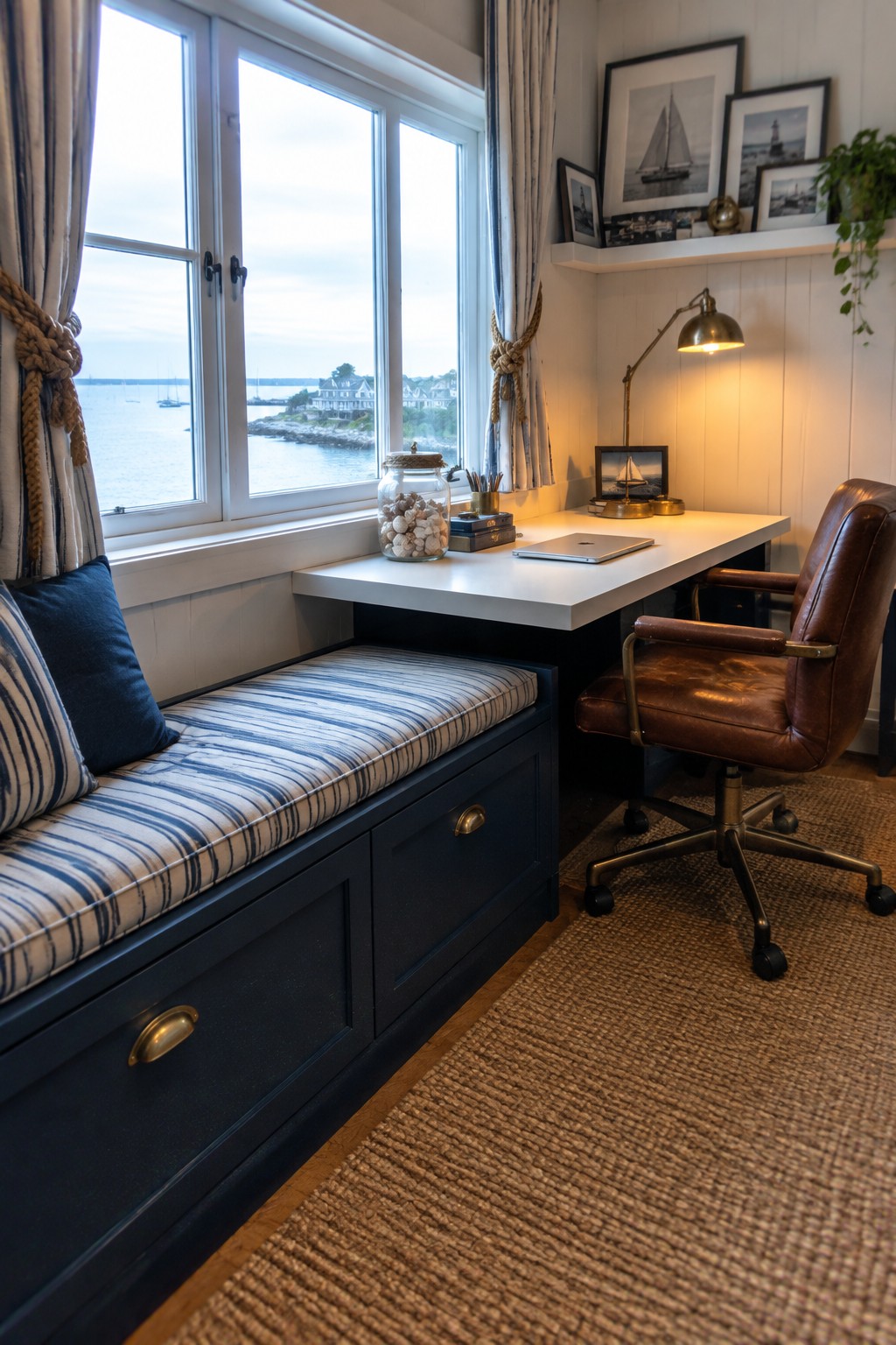 A compact home office with a striped window bench, a white desk, and a brown office chair.