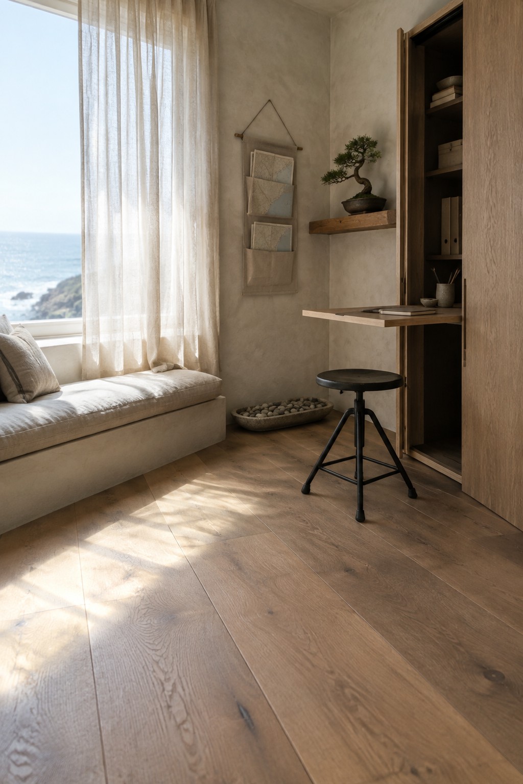 A small wooden desk and black stool sit beside a built-in window seat with sheer curtains in a coastal home office.