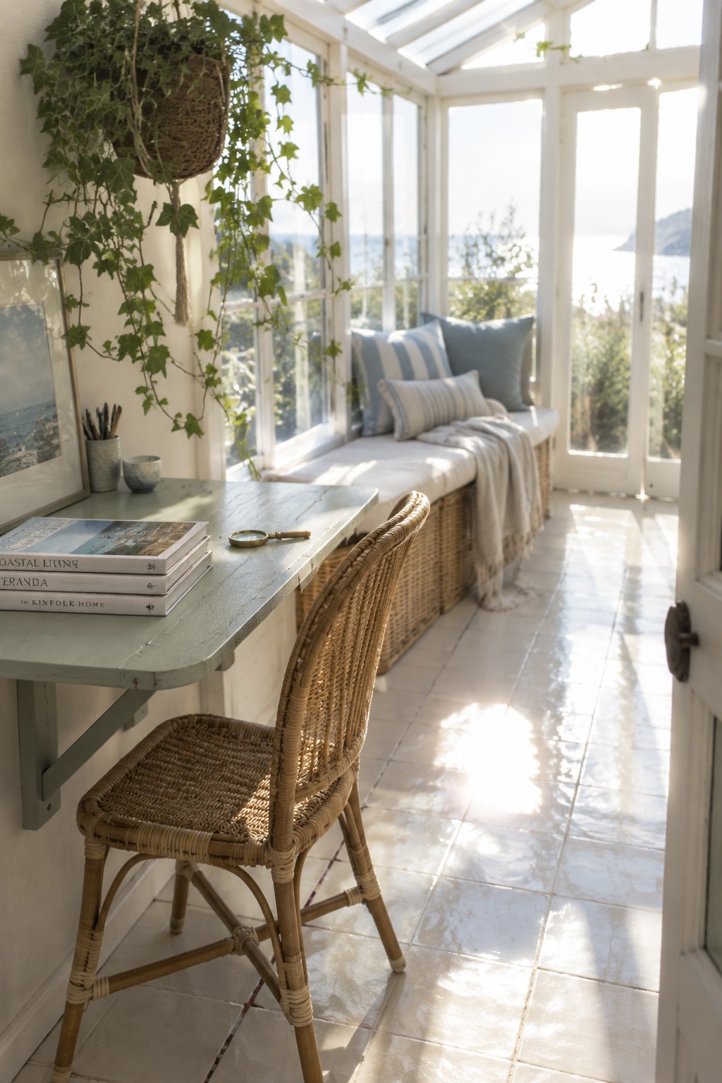 A pale green wall-mounted desk and wicker chair sit beside a cushioned window seat in a bright sunroom.