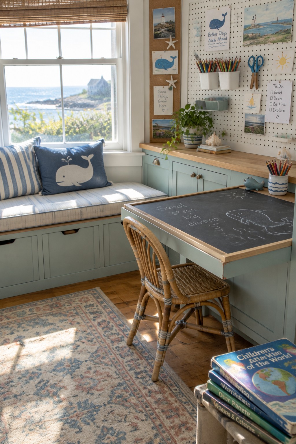 A coastal home office with a built-in window seat, a small chalkboard desk, and wall-mounted craft supplies.
