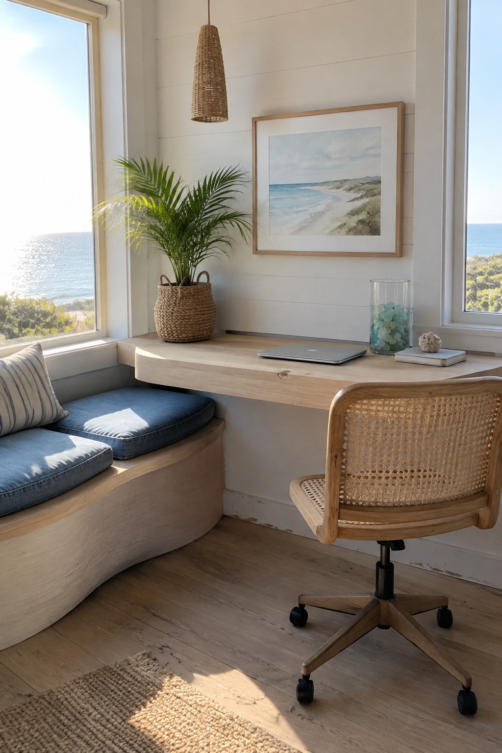 A compact coastal home office with a built-in bench seat, blue cushions, a wood desk, and a cane-backed office chair beside ocean-facing windows.