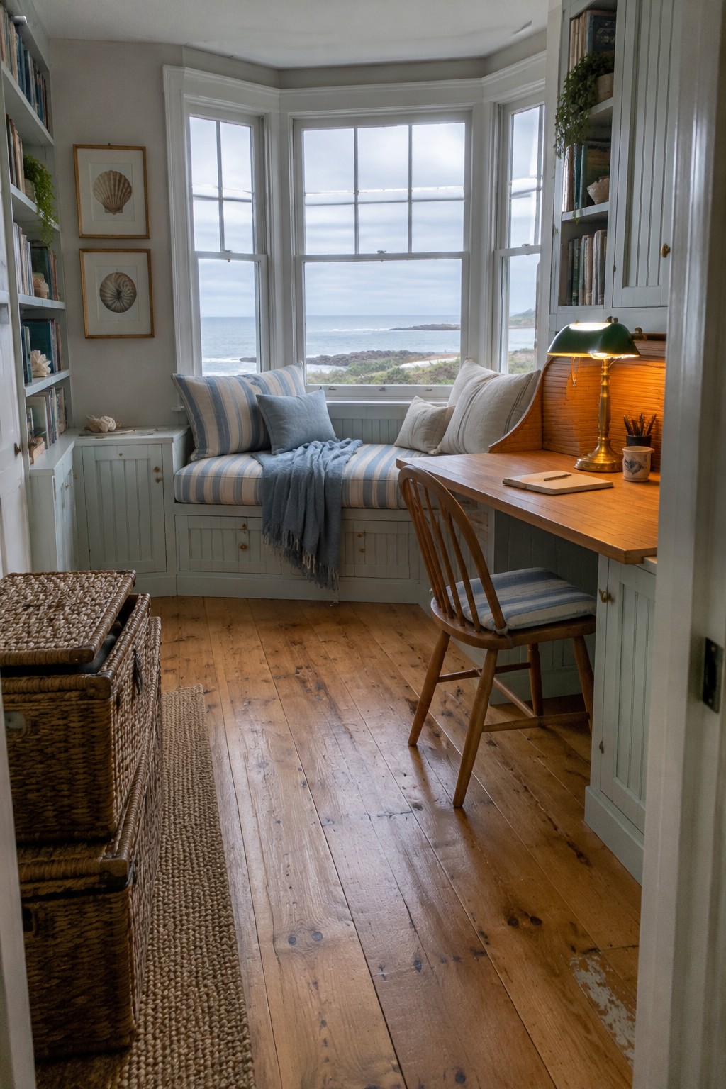 A coastal home office with a built-in striped window seat, a wooden desk, and views of the sea.