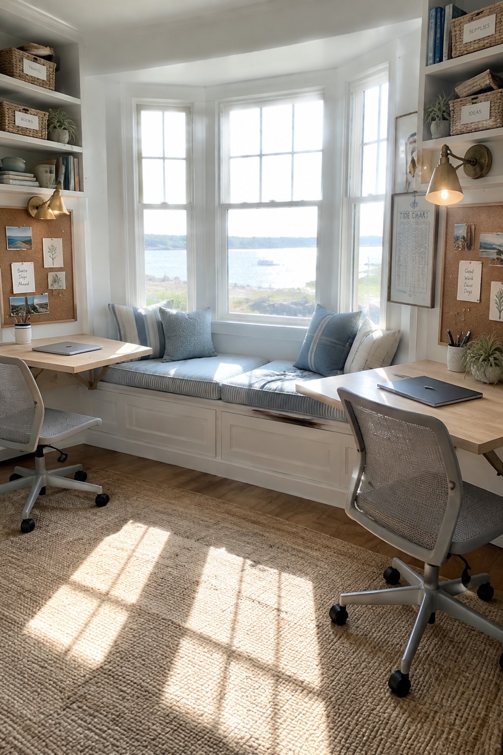 A coastal home office with a cushioned built-in window seat, two desks, and mesh office chairs.