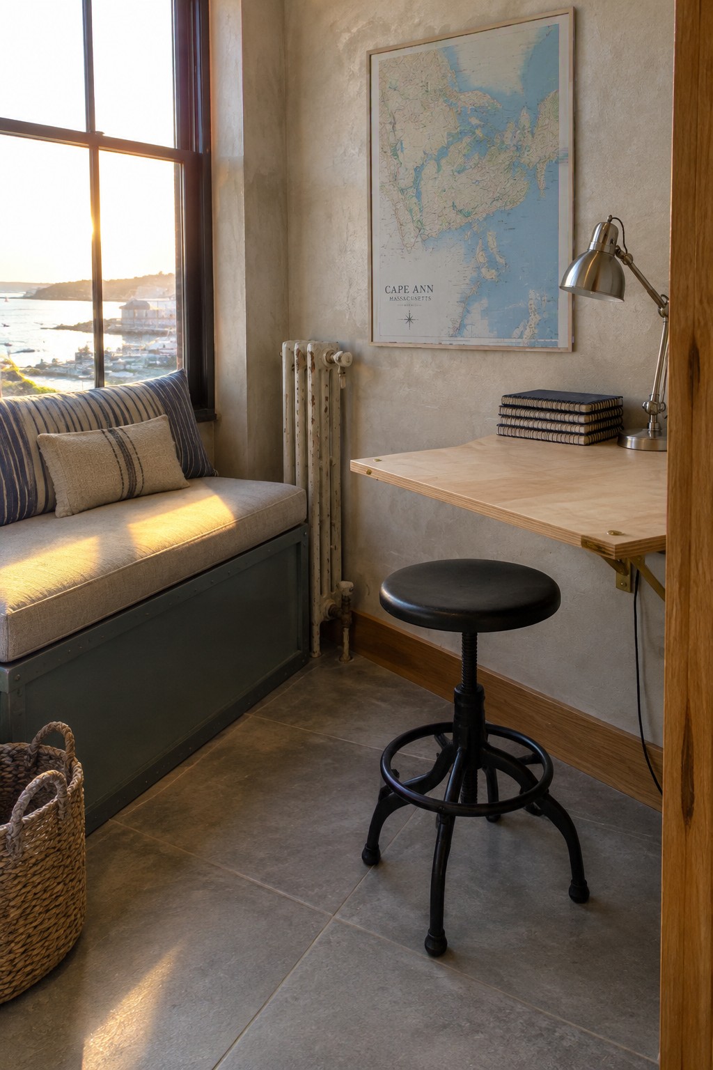 A compact home office with a wall-mounted desk, black stool, cushioned window seat, and framed coastal map.