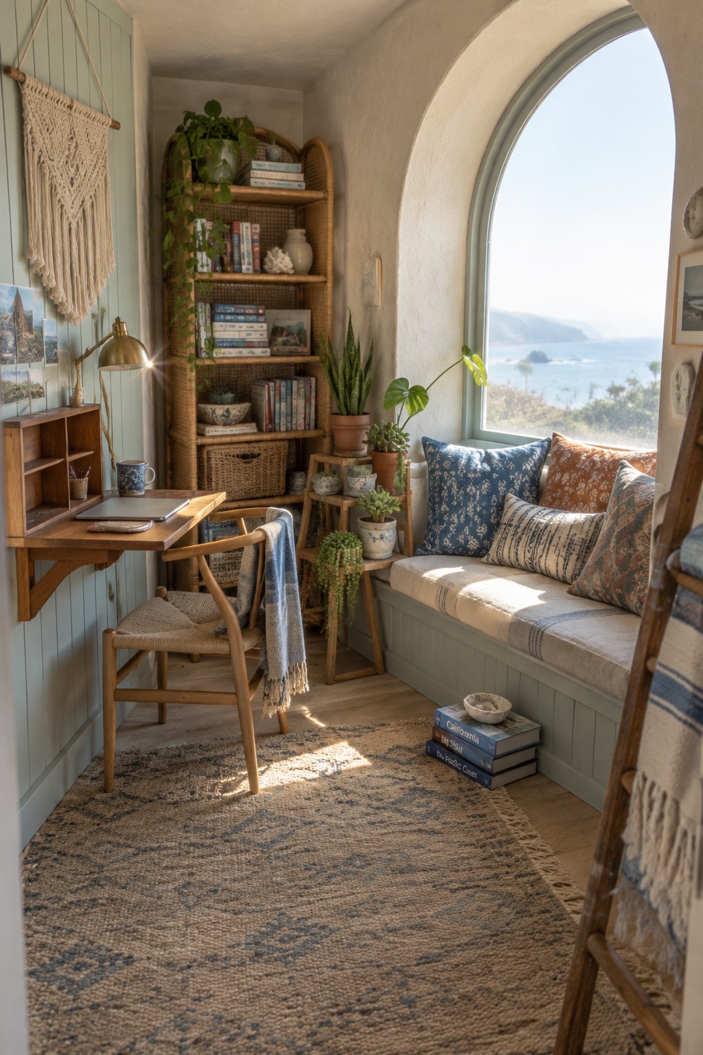 A small wooden desk and chair sit beside a built-in window seat with patterned cushions, plants, and a bookcase.