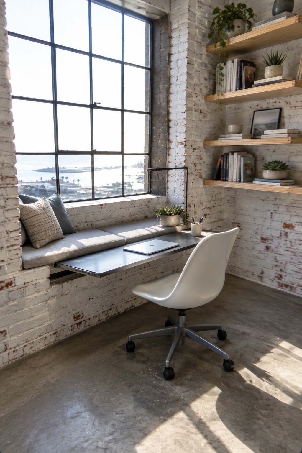 A compact home office has a built-in cushioned bench beneath a large gridded window, a slim desk, and a white swivel chair.