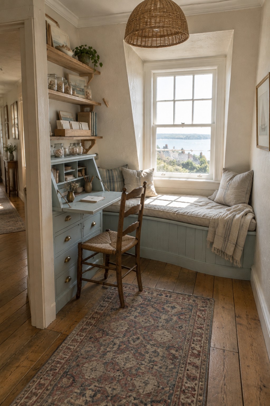 A pale blue built-in desk and drawer unit sits beside a cushioned window seat in a narrow room.